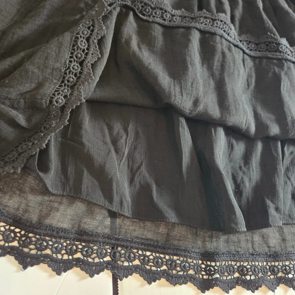 Zara Trafulac Black Off Shoulder Smocked Crop Top Bell‎ Sleeve Lace Trim Medium - Picture 4 of 8